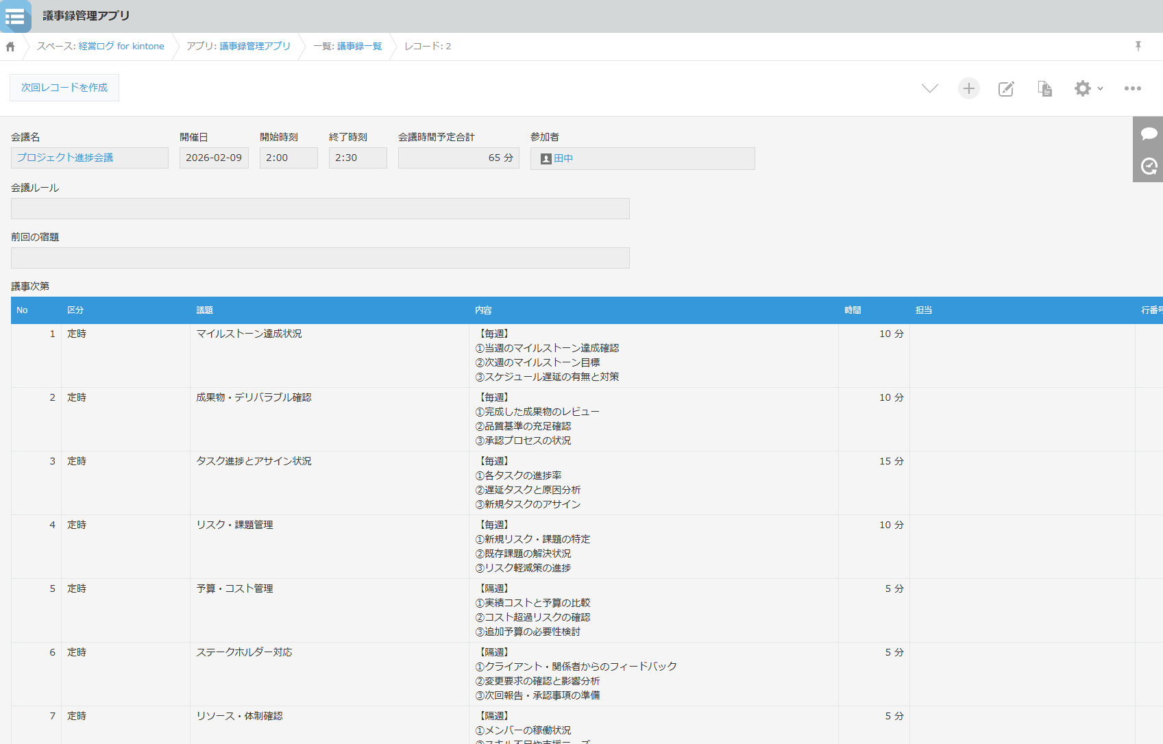 議事録管理画面のイメージ